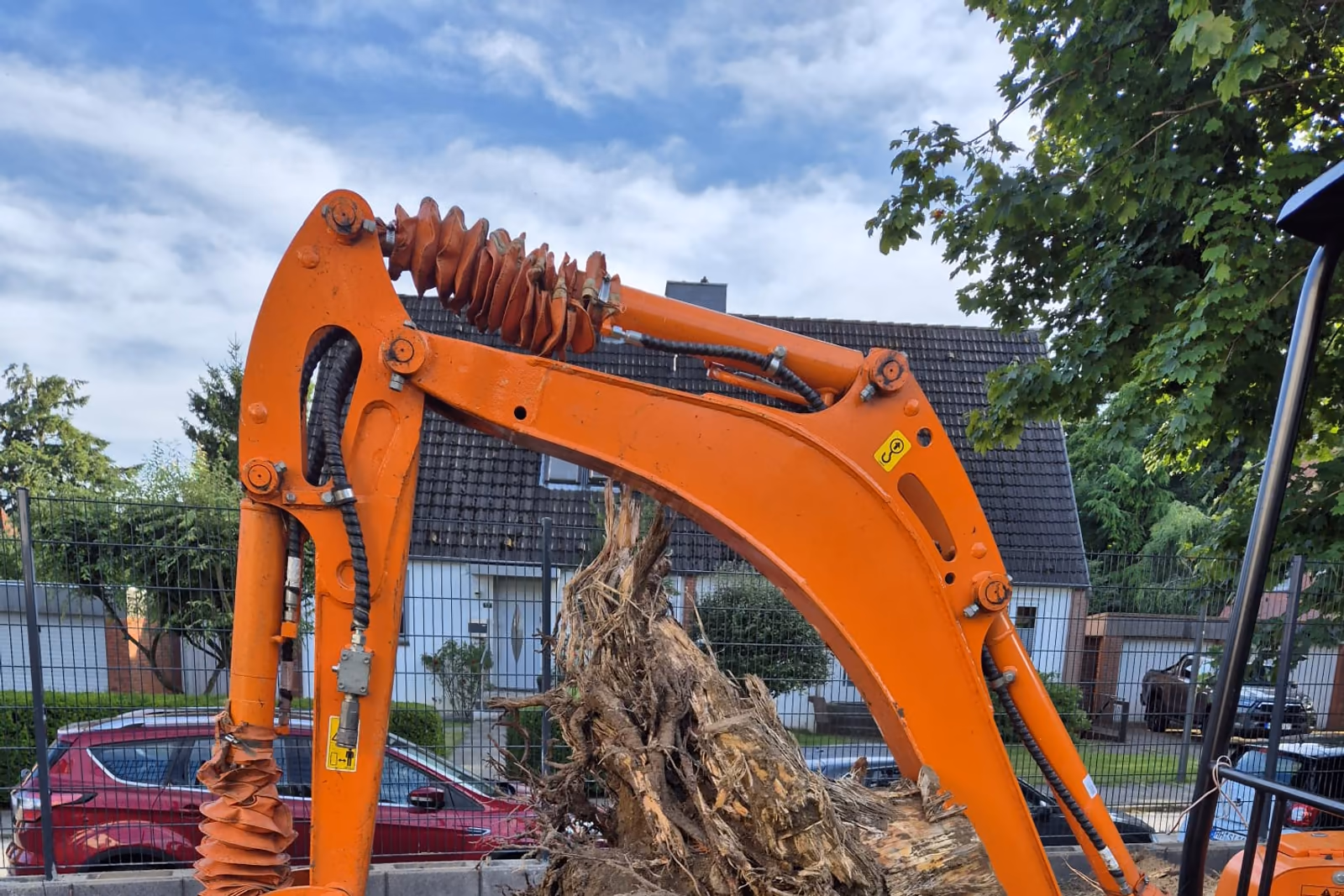 Baggerarm hebt den gelösten Wurzelstock aus der Grube